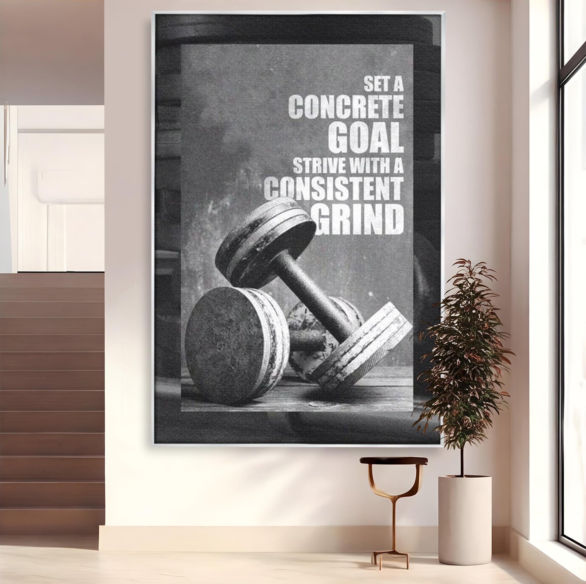 Tablou canvas cu tablou motivational cu gantere si text, in rama de aluminiu argintiu